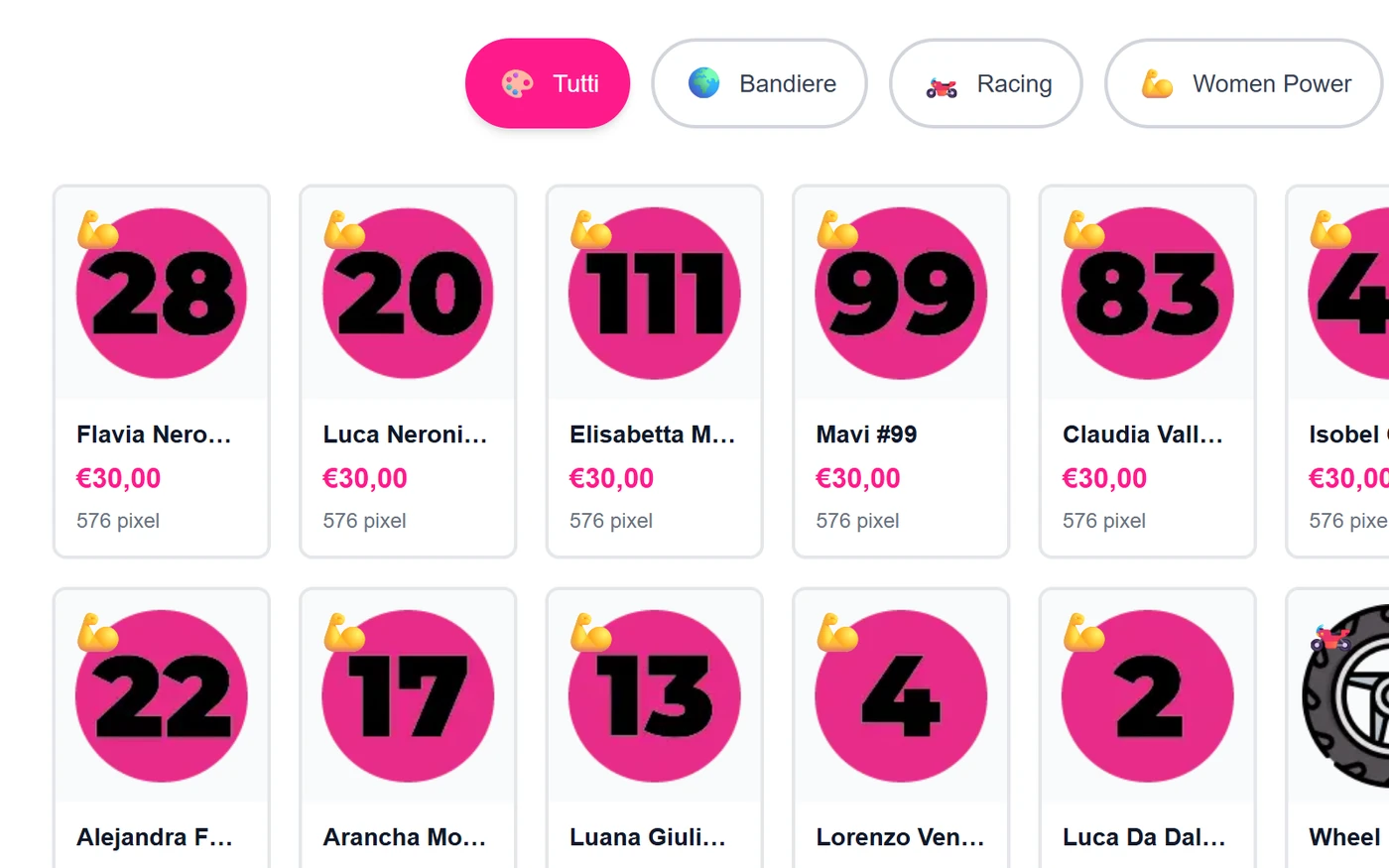 BePart — la griglia dei preset con i numeri di gara dei piloti