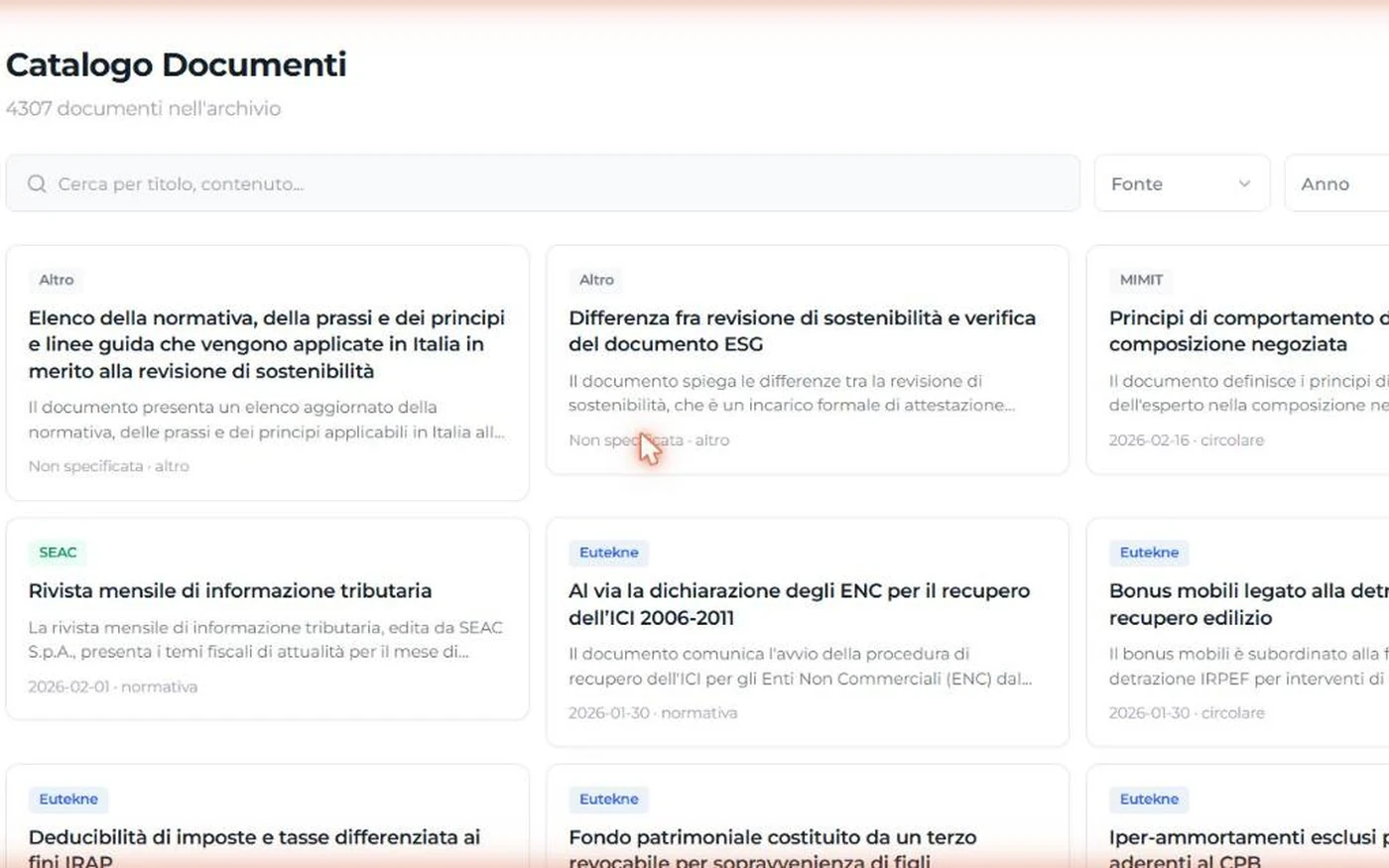 Nexo Doc — il catalogo dei documenti fiscali con fonte, data e tipo